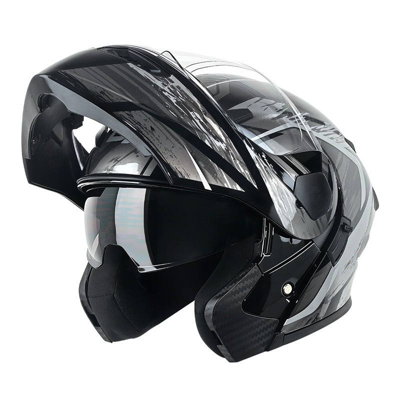 Modular Flip Up Motorcycle Helmet Dot Approved - デュアルバイザー付きモジュラーフリップアップオートバイヘルメット、DOT承認済みブラックグレーグラフィック安全ヘルメット（大人用）